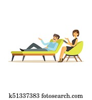 Male patient character talking to female psychologist about problems, psychotherapy counseling, psychologist having session with patient vector Illustration Male patient character talking to female psychologist about problems, psychotherapy counseling, psychologist having session with patient vector Illustration