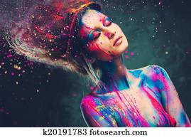 mulher jovem, musa, com, criativo, arte corpo, e, penteado