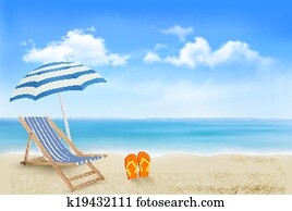 Seaside view with an umbrella, beach chair and a pair of flip-flops. Summer vacation concept background. Vector. Seaside view with an umbrella, beach chair and a pair of flip-flops. Summer vacation concept background. Vector.