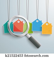 5, gekleurde, prijs, sticker, huisen, loupe