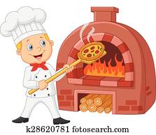 Cartoon chef holding hot pizza with Cartoon chef holding hot pizza with