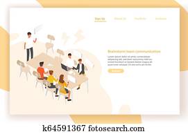 Landing page template with group of people or office workers sitting at table and talking to each other. Work meeting, discussion, team communication, brainstorm. Isometric vector illustration. Landing page template with group of people or office workers sitting at table and talking to each other. Work meeting, discussion, team communication, brainstorm. Isometric vector illustration.