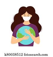 plano, estilo, vector, ilustración, de, un, niña, y, mundo, llevando, máscara protectora, to proteger, coronavirus, tenencia, tierra, rodeado, por, viruses., parada, coronavirus, concept.