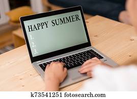 Word writing text Happy Summer. Business concept for Beaches Sunshine Relaxation Warm Sunny Season Solstice woman laptop computer smartphone mug office supplies technological devices. Word writing text Happy Summer. Business concept for Beaches Sunshine Relaxation Warm Sunny Season Solstice woman laptop computer smartphone mug office supplies technological devices.
