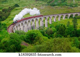 Detail of steam train on famous Glenfinnan viaduct, Scotland