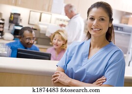 doutores enfermeiras, em, a, área recepção, de, um, hospitalar