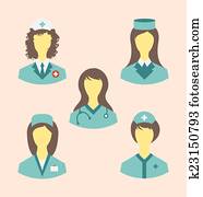 Icons set of medical nurses in modern flat design style