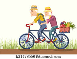 Old man and old woman drive by bike. Vector couple gardeners Old man and old woman drive by bike. Vector couple gardeners