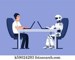 רובוט, ו, businessman., רובוטים, כנגד, human,, עתיד, תחליף, conflict., ai,, חכמה מלאכותית, וקטור, מושג