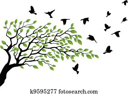Tree silhouette with bird flying Tree silhouette with bird flying