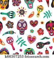 잡동사니, seamless, 패턴, 와, 멕시코 인, 설탕 두개골, catrina's, 얼굴, 꽃, maracas, 백색 위에서, 배경., 죽은 사람의 날, 배경막., 다채로운, 휴일, 벡터, 삽화, 치고는, dia, de, los, muertos.