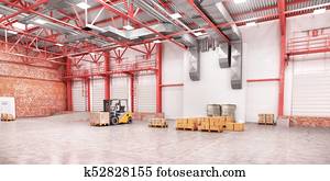 conceito, de, warehouse., a, forklift, entre, filas, em, a, grande, warehouse., 3d, ilustração