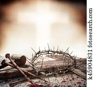 Crucifixion Of Jesus Christ - Cross With Hammer Bloody Nails And Crown Of Thorns