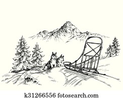 inverno, paisagem montanha, husky, cachorros, sledding