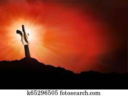 resurrección, o, crucifixión, paisaje, en, ocaso, con, rayos, de, light., cristiano, pascua, concepto