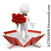3D white people. Valentines. Man with a bouquet of roses 3D white people. Valentines. Man with a bouquet of roses