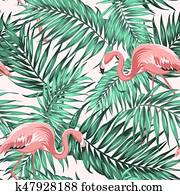 Green tropical jungle leaves ping flamingo couple Green tropical jungle leaves ping flamingo couple