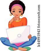 jung, negerin, sitzen, auf, kissen, mit, laptop