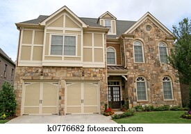 1970s, zwei geschichte, blau, vorstädtisch, haus, mit, schwarz