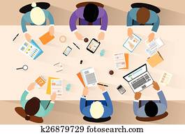 Business people workplace top angle above view sitting at office desk work vector illustration
