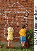 dois, crianças, desenho, um, lar