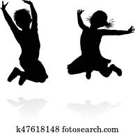 heureux, silhouette, gosses, sauter