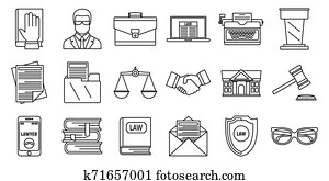 Lawyer justice icons set, outline style Lawyer justice icons set, outline style
