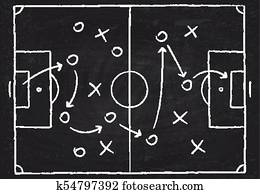 Soccer game tactical scheme with football players and strategy arrows on chalk black board Soccer game tactical scheme with football players and strategy arrows on chalk black board