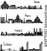 vistas, de, roma, paris, madrid, e, lisboa, b-w, vetorial vistas, de, roma, paris, madrid, e, lisboa, b-w, vetorial