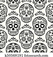 멕시코 인, 설탕, 머리, 벡터, seamless, 패턴, halloween, 사탕, 머리, 배경, 죽은 사람의 날, 축하, calavera, 디자인