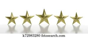 Five golden stars isolated against white, rating concept. 3d illustration Five golden stars isolated against white, rating concept. 3d illustration
