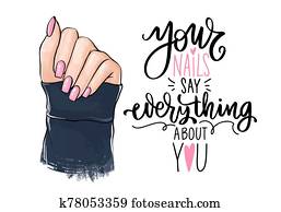 וקטור, אישה יפה, ידיים, עם, ורוד, מסמר, polish., האנדוורוט, לאטארינג, על, nails.