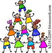 equipo, de, feliz, niños