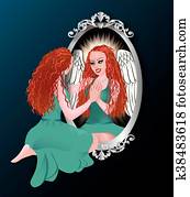 אישה, השתקפות, ירוק