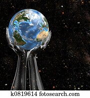 manos, asimiento, tierra, en, espacio