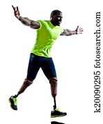 one muscular handicapped man with legs prosthesis in silhouette on white background