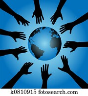 People hands reach for globe earth
