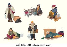 sin hogar, personas., caricatura, plano, caracteres, conjunto, illustration.