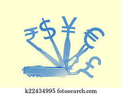 Knife with different currency symbols, Concept Knife with different currency symbols, Concept