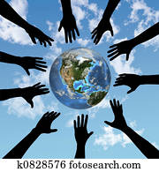People hands reach for globe earth