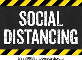Sign with caution stripes - Social distancing Sign with caution stripes - Social distancing