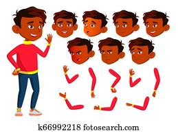 indio, niño, niño, niño, adolescente, ., feliz, childhood., hindu., cara, emociones, vario, gestures., animación, creación, set., aislado, plano, caricatura, carácter, ilustración