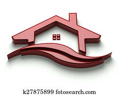 luxe, rood, woning, met, golven, logo