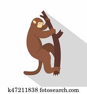 Macaque is climbing up on a tree icon, flat style