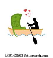 Man and money and ride in boat. Lovers of sailing. Man rolls cash on gondola. Appointment of dollar in boat on pond. Romantic financial currency illustration