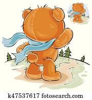 vector, illustratie, van, een, bruine, teddy beer, droevige, staand, in de wind, kijken naar, de, straat, en, wachten, voor, iemand