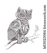 A Mechanical Owl on a Tree Branch in a Steampunk Style. A Mechanical Owl on a Tree Branch in a Steampunk Style.