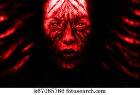 Creepy witch girl face with black developing hair. Creepy witch girl face with black developing hair.