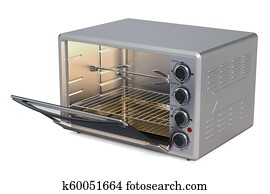 Opened Convection Toaster Oven with Rotisserie and Grill, 3D rendering Opened Convection Toaster Oven with Rotisserie and Grill, 3D rendering