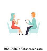 Psychologist counseling woman with psychological problems, psychotherapy, mental disorder vector Illustration Psychologist counseling woman with psychological problems, psychotherapy, mental disorder vector Illustration